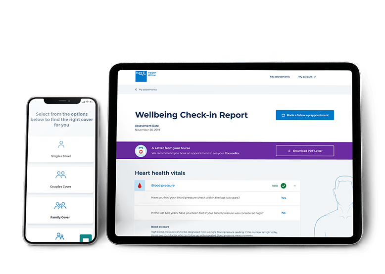 Laptop and tablet with Bupa Wellbeing check-in report