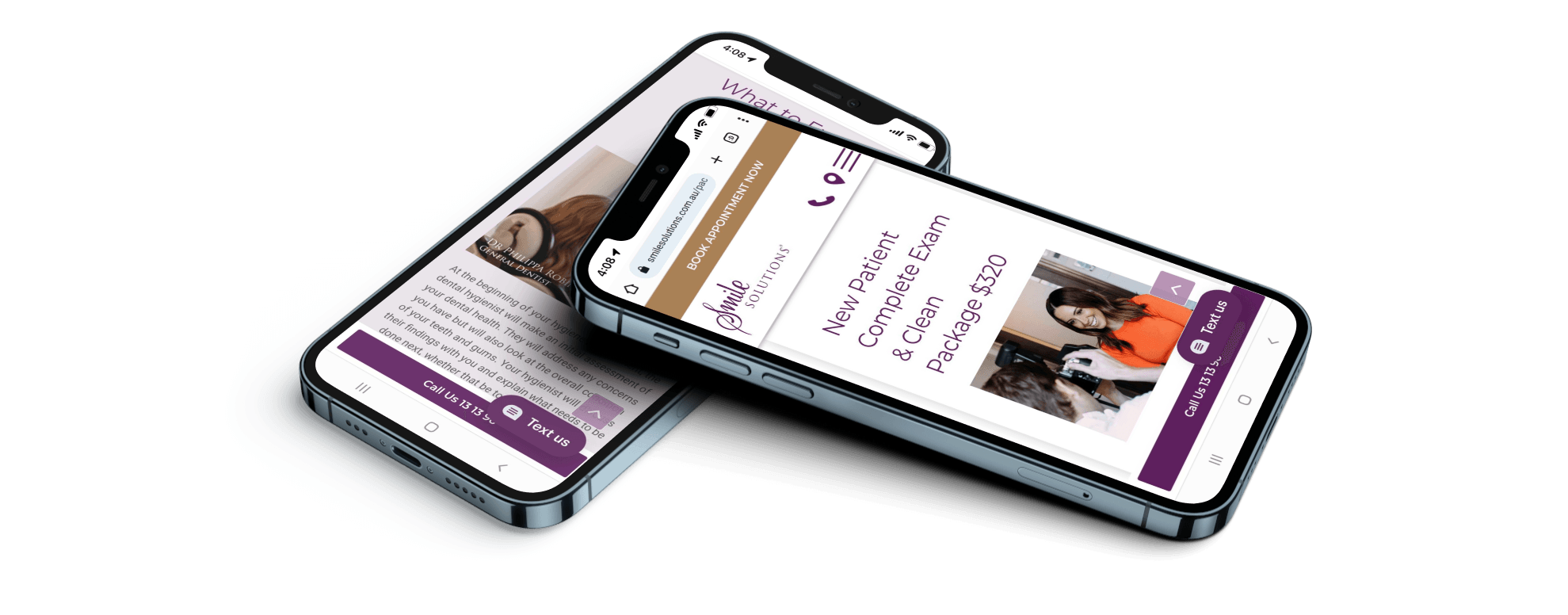 Two phones stacked on top of each other with Smile Solutions website