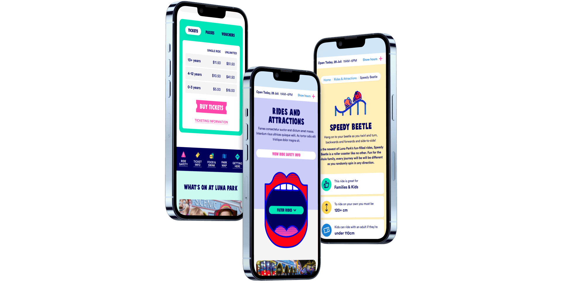 Three phones with Luna Park website displayed
