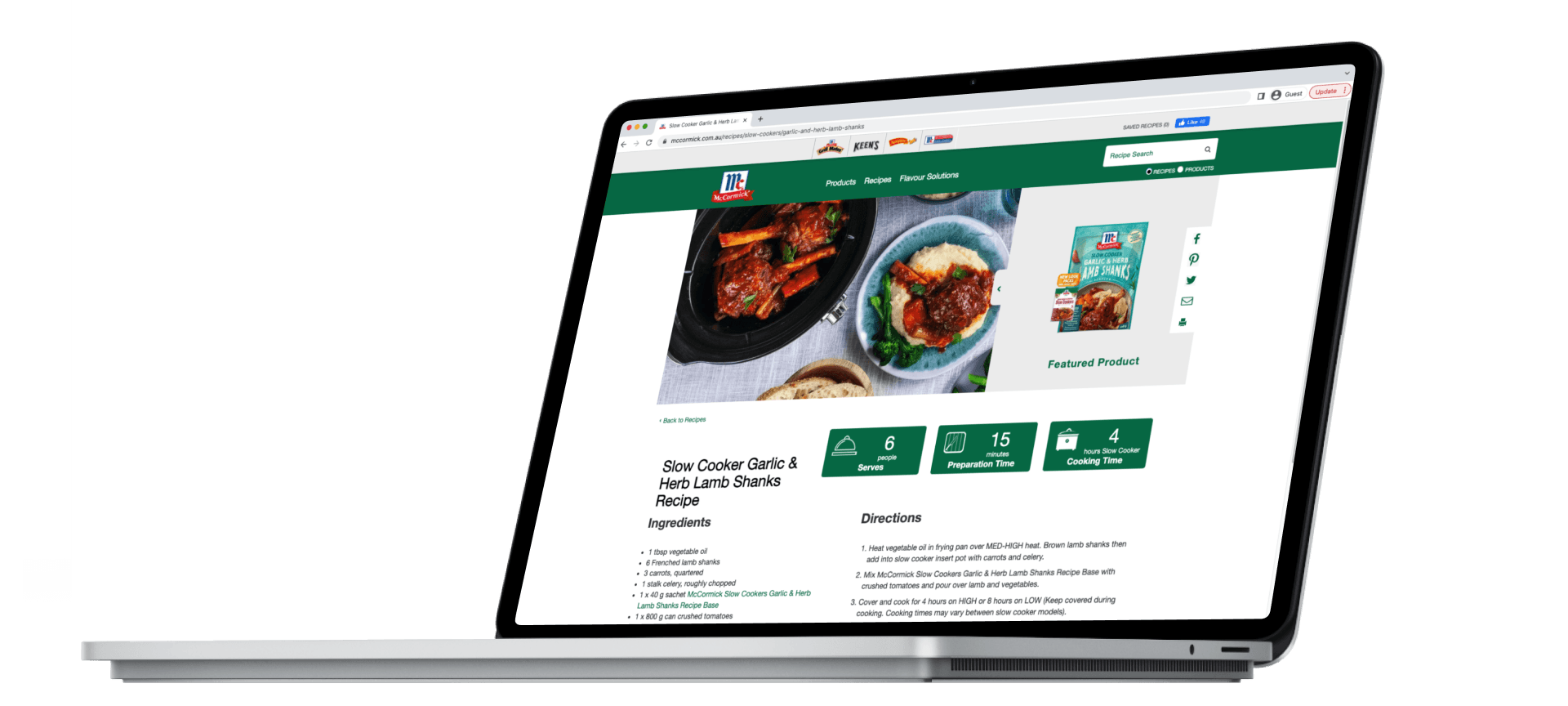 Laptop with Mccormick's website showing slow cooker garlic & herb lamb shanks recipe