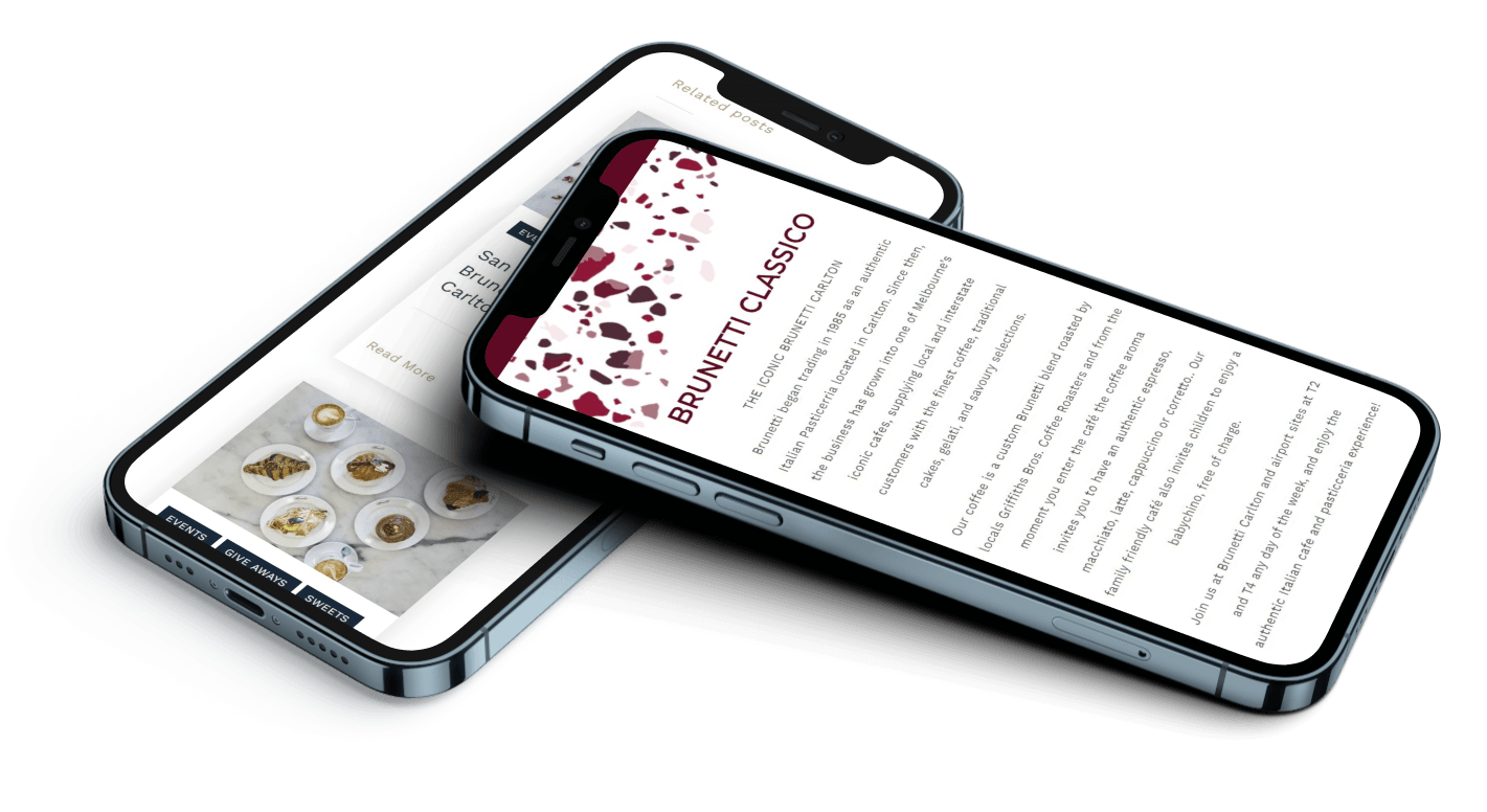 Two phones stacked on top of each other with Brunetti website