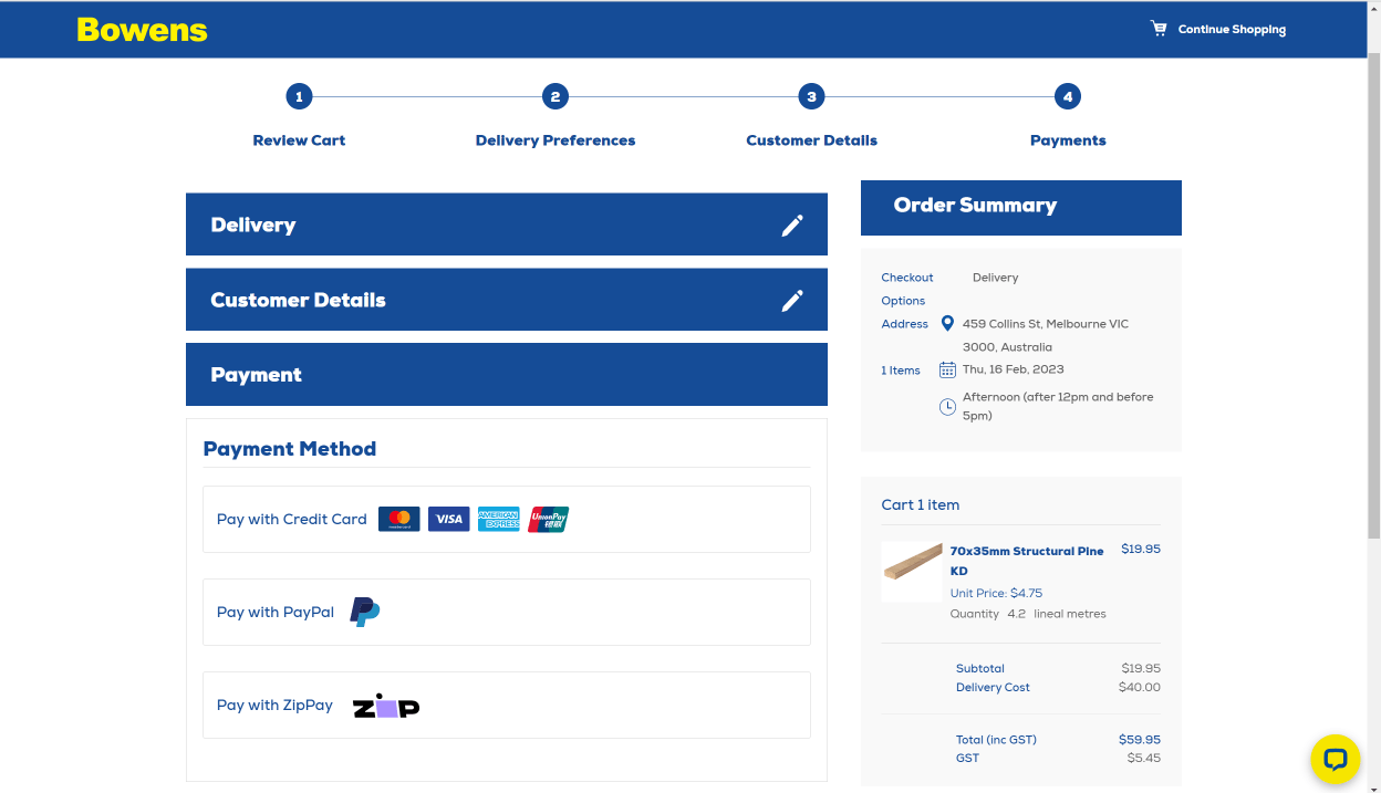 Bowens website checkout display