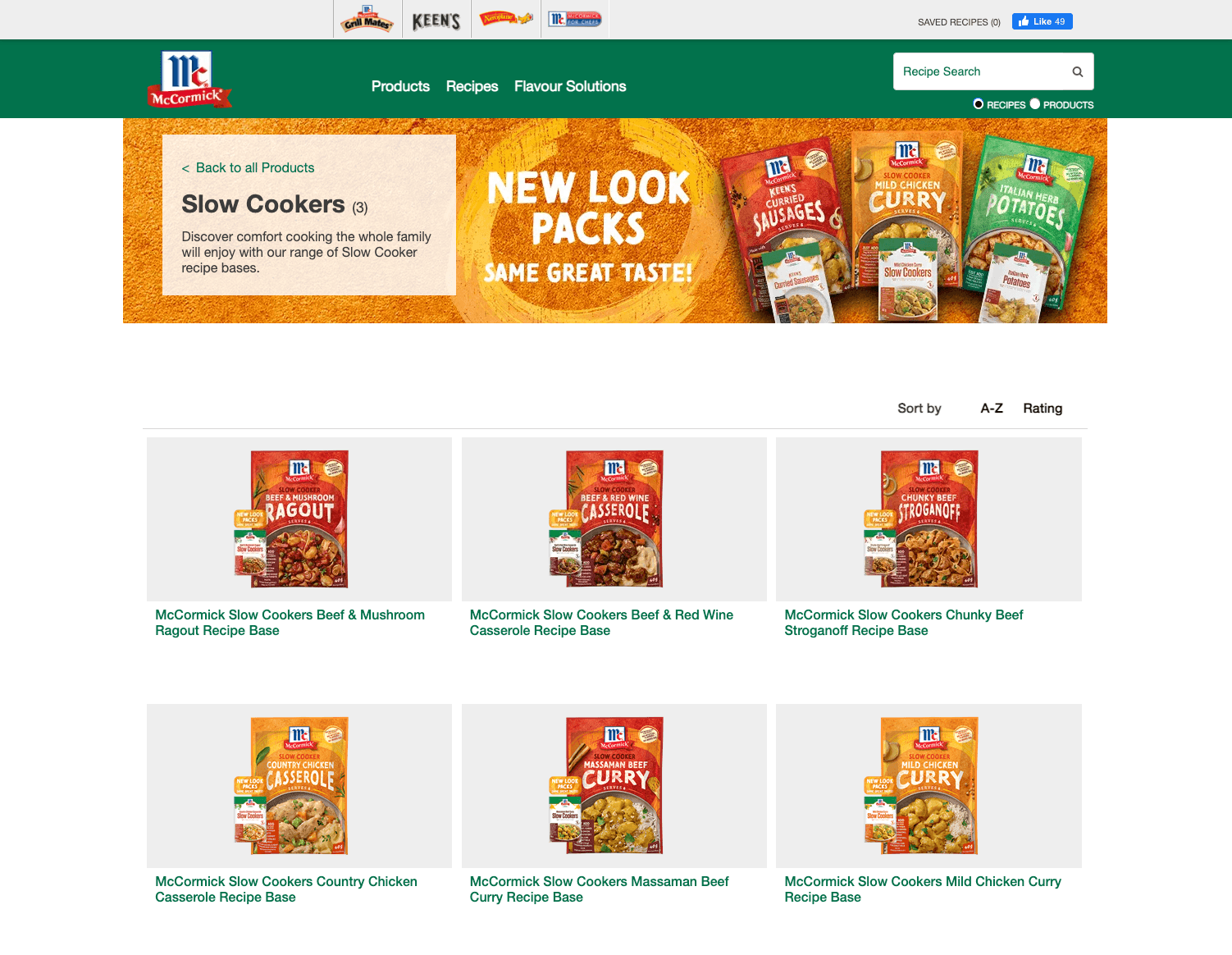 Mccormick's website with individual packet products