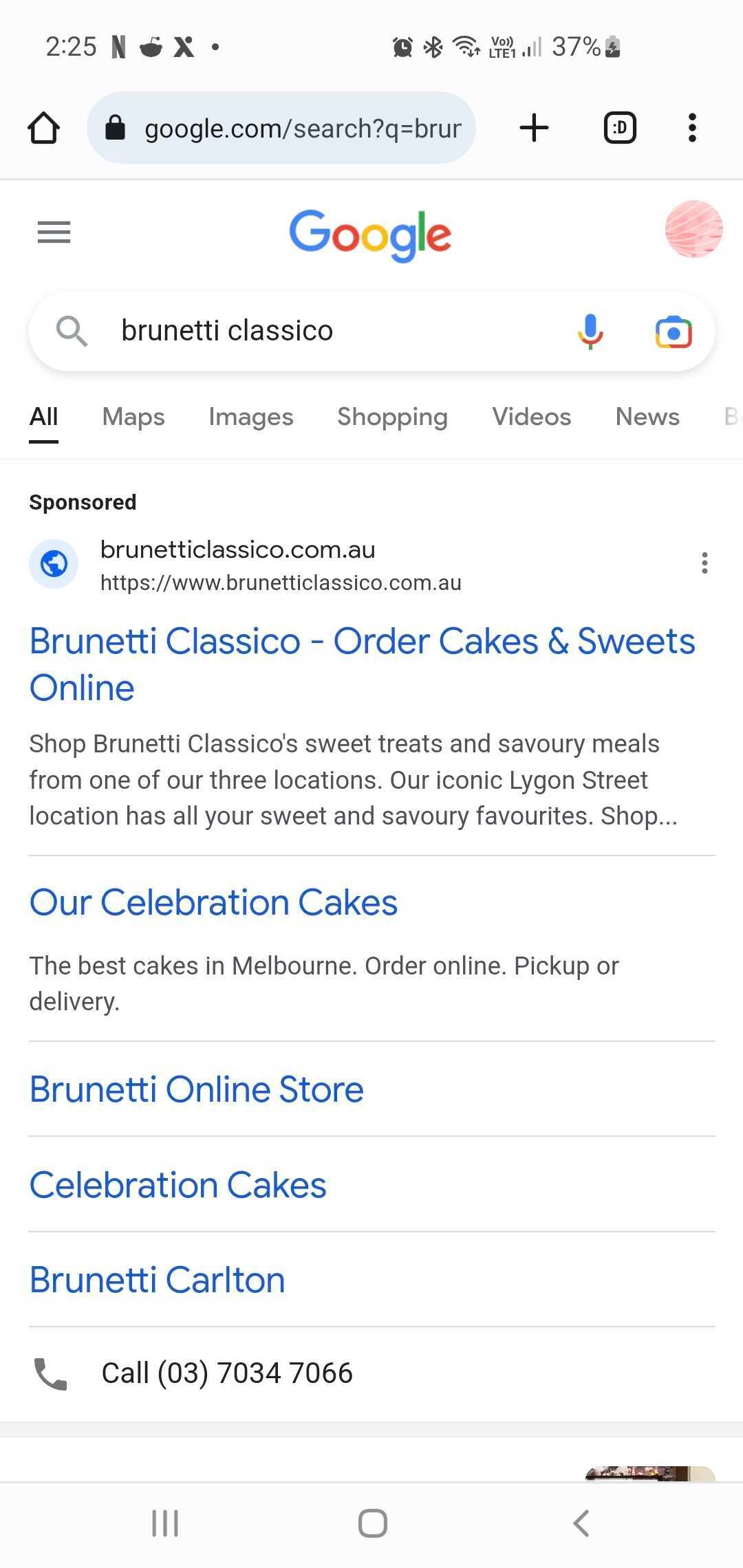 Screenshot of Brunetti Classico Google Search