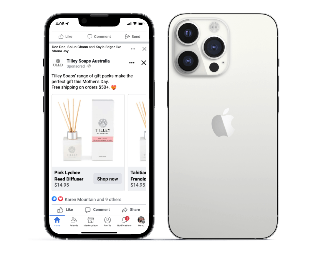 Front and back of phone with Tilley's Handsoap website loaded