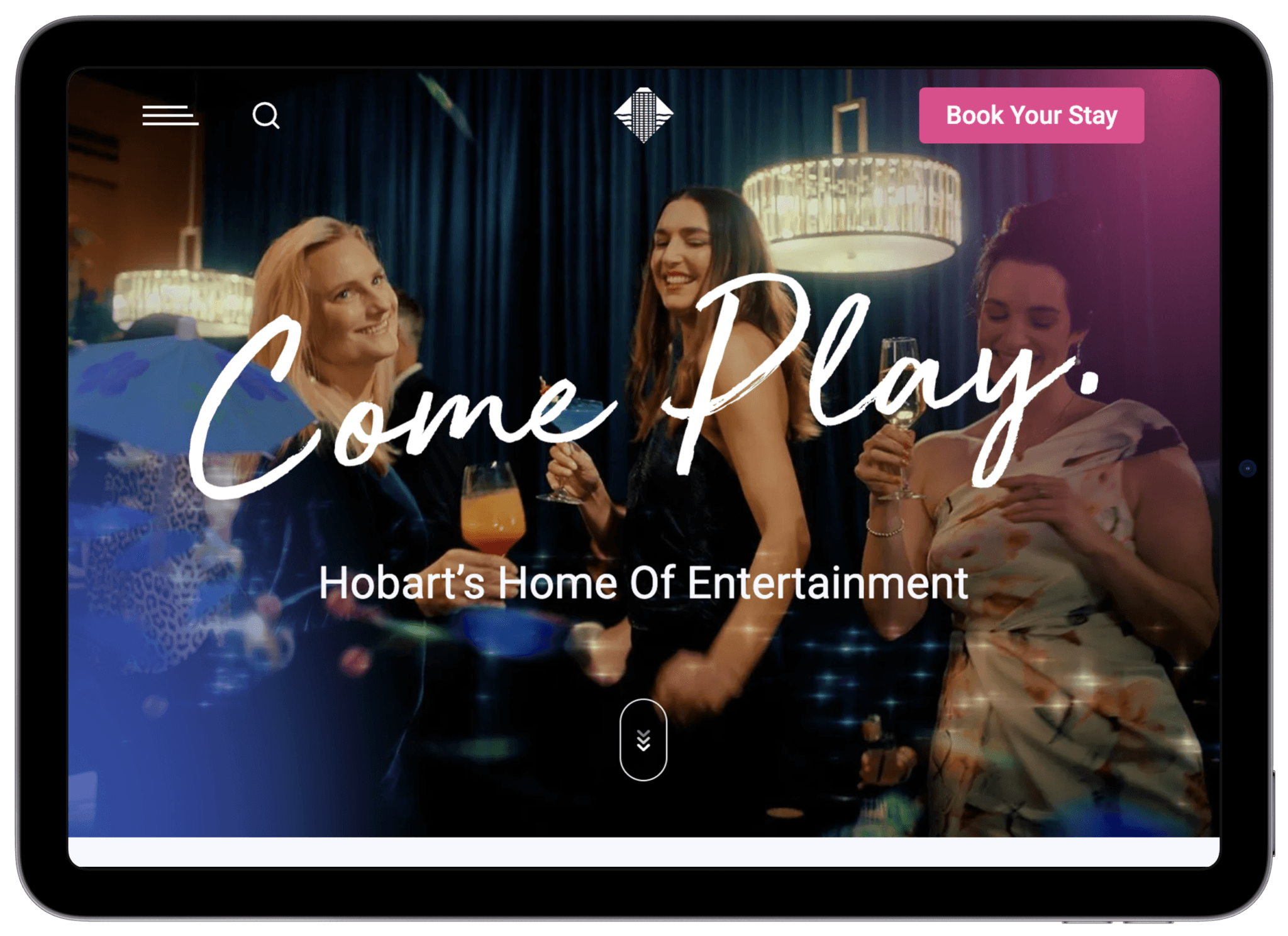 Tablet with words Come Play and people dancing