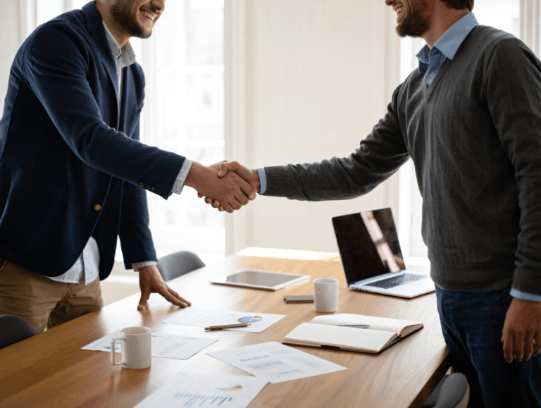 Reassuring handshake between financial professional and client in a bright, welcoming office setting