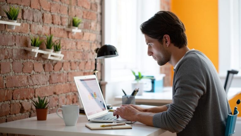 Man working on laptop at a desk in a modern office