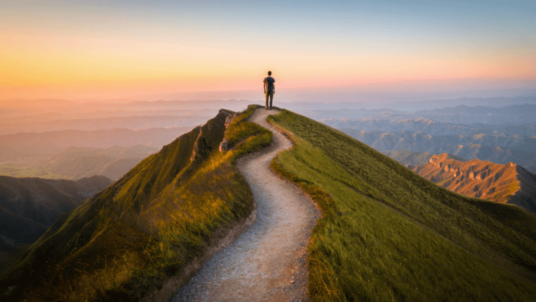 A summit climber with a natural trail that smoothly fades into morning mist