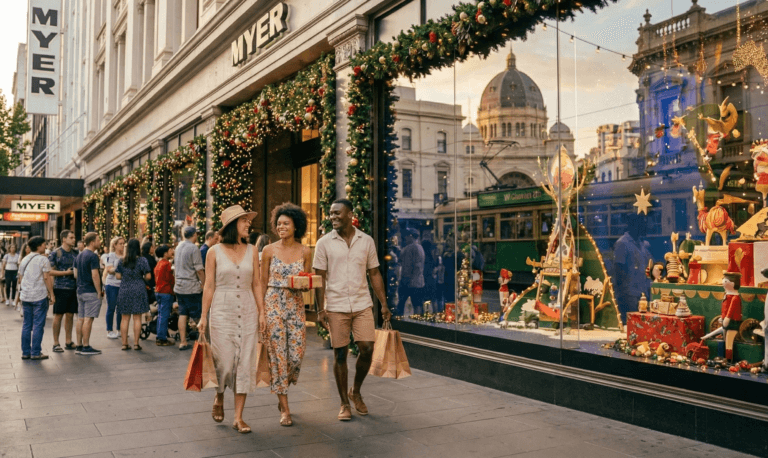 Festive street scene outside Myer department store in Melbourne during the Christmas season, featuring a beautifully decorated holiday window display with toys, lights, and ornaments. A diverse group of three young adults walks past, smiling and carrying shopping bags and a wrapped gift, while a crowd gathers to view the display. The building is adorned with lush Christmas garlands and baubles, and the reflection in the glass shows Melbourne's historic tram and architecture, including the Royal Exhibition Building dome. Holiday shopping, festive retail display, and Melbourne Christmas cityscape are prominently featured.
