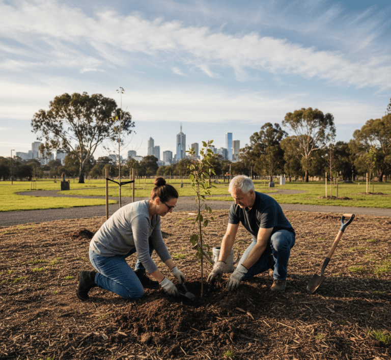 Two volunteers, a woman and an older man, kneeling on the ground while planting a young tree in an open park during daylight. They are wearing casual clothes and gardening gloves, using small hand tools to dig and secure the sapling in soil. A shovel is placed nearby. In the background, a city skyline with modern high-rise buildings contrasts with the natural park setting, featuring scattered trees and grassy areas. The image conveys themes of sustainability, community service, urban greening, and environmental stewardship. Keywords: tree planting, urban park, community volunteers, environmental conservation, reforestation, sustainability, city skyline, green initiatives.