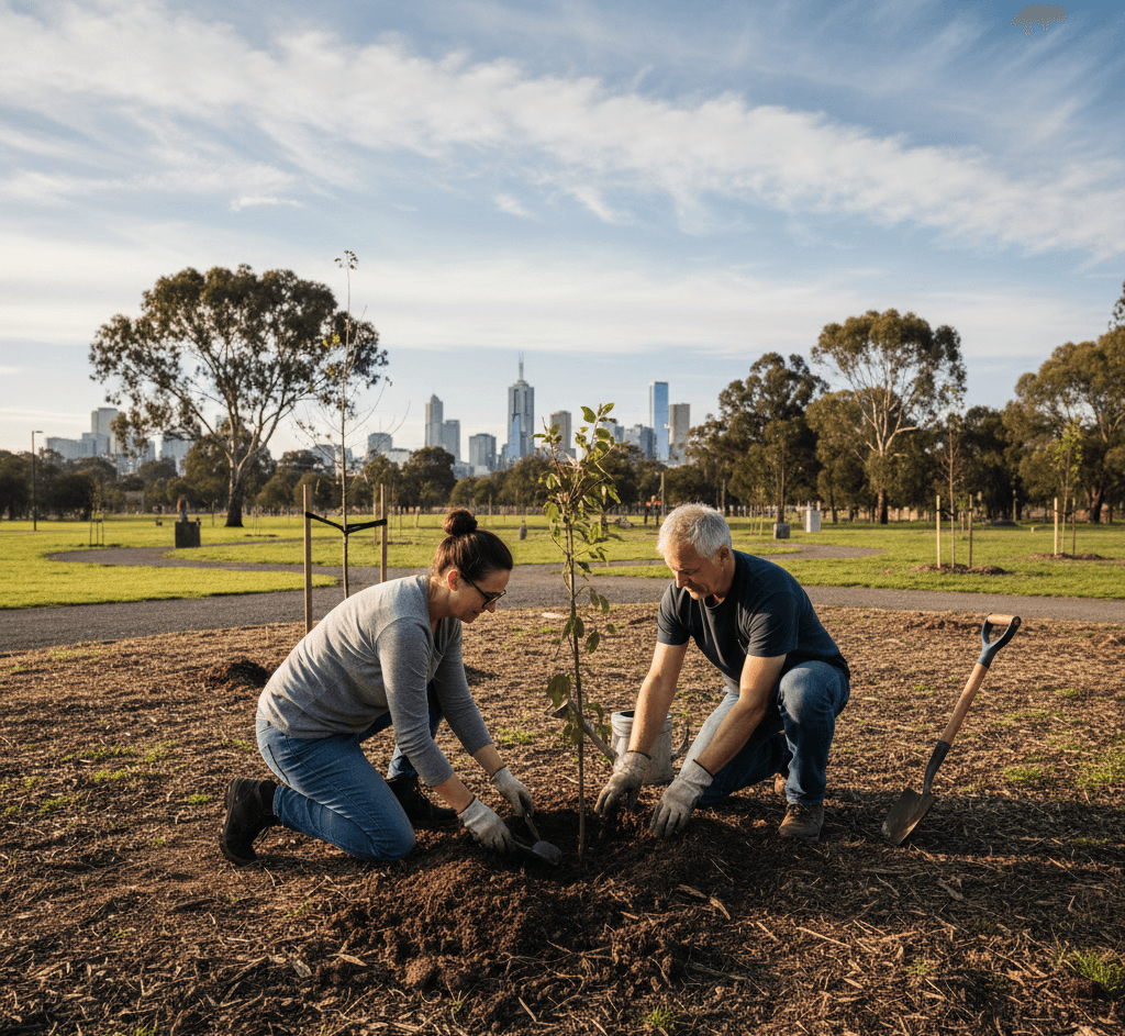 Two volunteers, a woman and an older man, kneeling on the ground while planting a young tree in an open park during daylight. They are wearing casual clothes and gardening gloves, using small hand tools to dig and secure the sapling in soil. A shovel is placed nearby. In the background, a city skyline with modern high-rise buildings contrasts with the natural park setting, featuring scattered trees and grassy areas. The image conveys themes of sustainability, community service, urban greening, and environmental stewardship. Keywords: tree planting, urban park, community volunteers, environmental conservation, reforestation, sustainability, city skyline, green initiatives.