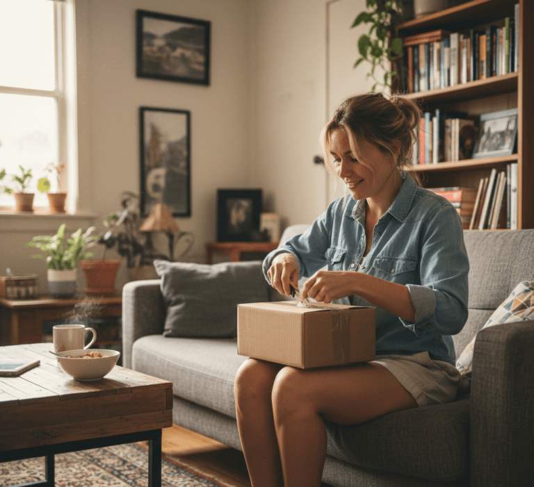 Smiling woman sitting on a gray sofa in a cozy, sunlit living room while opening a cardboard delivery package. She is dressed casually in a denim shirt and light shorts. The space features a wooden coffee table with a bowl of cereal and a steaming mug, a patterned rug, potted houseplants on the windowsill, framed wall art, and a tall bookshelf filled with books. The warm and inviting setting suggests a peaceful moment at home, possibly unboxing a recent online order or gift delivery. Keywords: woman opening package, cozy living room, home interior, online shopping, delivery box, unboxing experience, casual lifestyle.