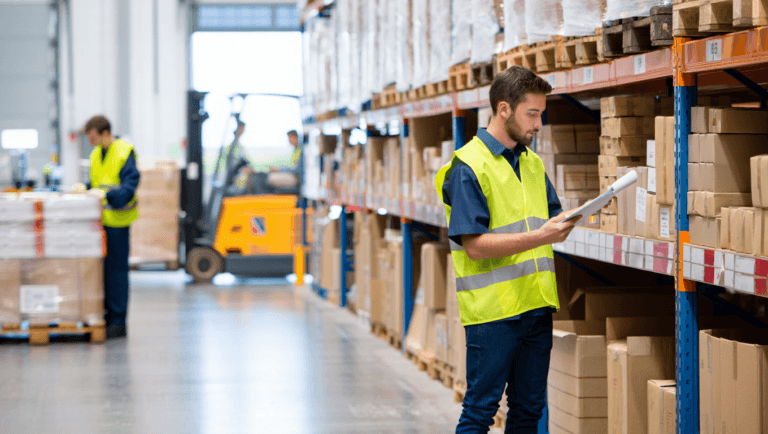 Worker in a high-visibility vest reviews inventory on a clipboard while standing beside shelves stacked with labeled cardboard boxes in a large warehouse, with another worker and a forklift visible in the background.