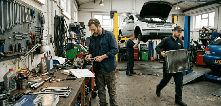 Three mechanics work in a garage, with one inspecting a part at a cluttered workbench while others repair cars on lifts in the background.